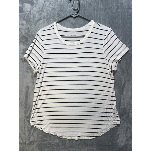 so Tops - SO Womens Striped T Shirt White Navy Blue Short Sleeve Crewneck Size Large